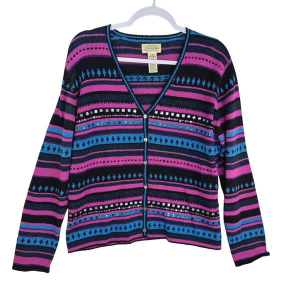 St. John's Bay Sweaters - St Johns Bay Vintage Cardigan Sweater XL Pink Blue Sequin Beaded Lambswool Blend